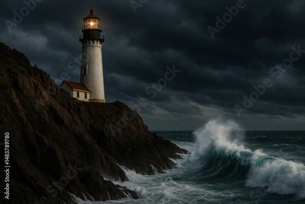 Fototapeta Lighthouse perched on cliff, waves crashing.