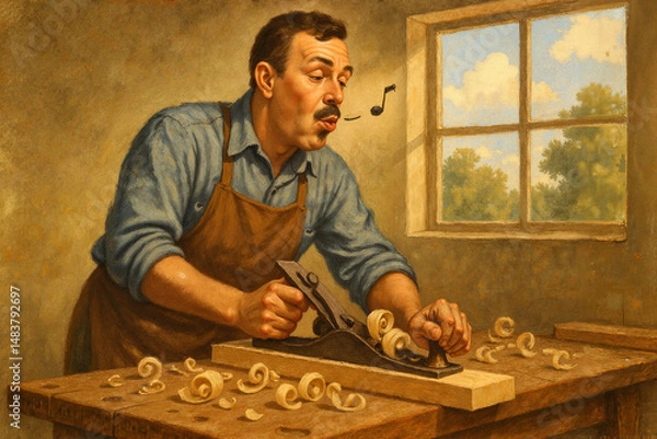 Fototapeta Man whistling while working with wood planer in a workshop  