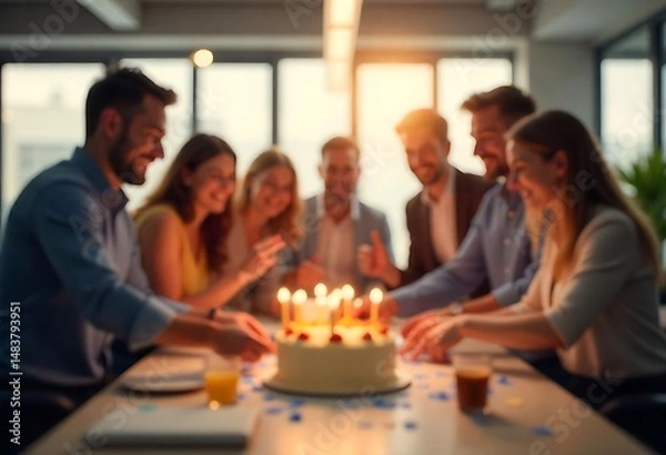 Obraz Generative AI image of a company celebrating birthday with cake and coworkers happy blur