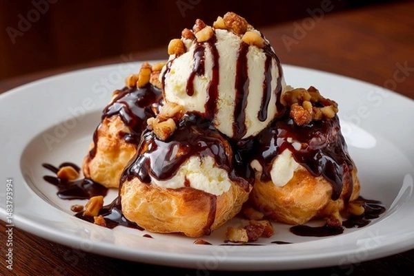 Fototapeta Three golden cream puffs are placed on a white plate, generously filled with ice cream and drizzled with chocolate sauce. Chopped nuts add a crunchy texture in a warm restaurant ambiance