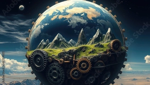 Obraz Steampunk Earth Globe: Gear-Driven World with Mountain Landscape