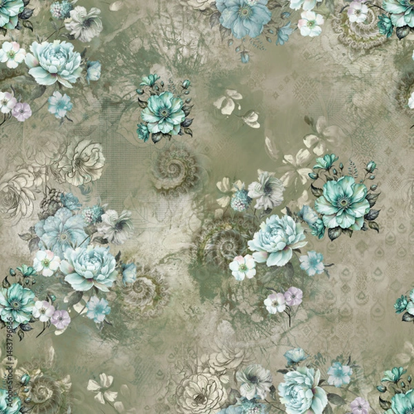 Obraz "Bright and bold tropical flowers scattered evenly in a seamless floral pattern – ideal for summer fashion prints."