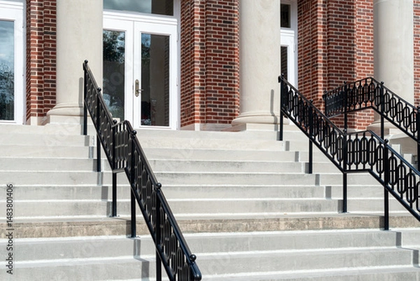 Fototapeta Concrete steps lead to metal double doors in a historic building. The wall is made of red brick. There are multiple black metal wrought iron handrails dividing the stairs to the entrance. 