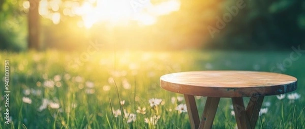 Obraz Wooden table in a sunny flower field ideal for mockups and nature scenes