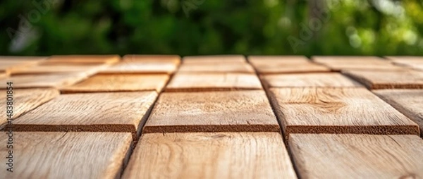 Obraz Wooden surface made of small rectangular planks showing natural wood grain and texture with a blurred green outdoor background