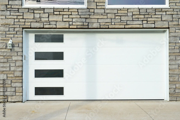 Fototapeta A large white metal panel residential garage door with four small rectangular glass windows on a grey brick and rock building. The ground is a beige concrete block. Two glass windows are over the door