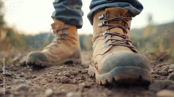Obraz Work boots on a dirt path footwear for outdoor adventure and travel