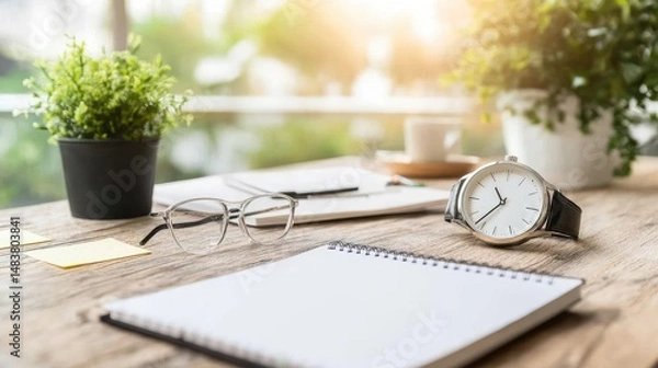 Obraz Workspace still life of watch notebook and eyeglasses on wooden desk with plant background