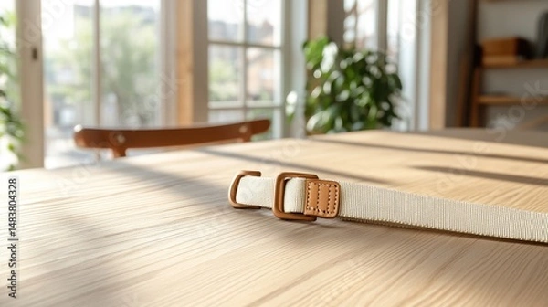 Obraz Woven belt with leather buckle on wood table in natural light minimalist fashion still life