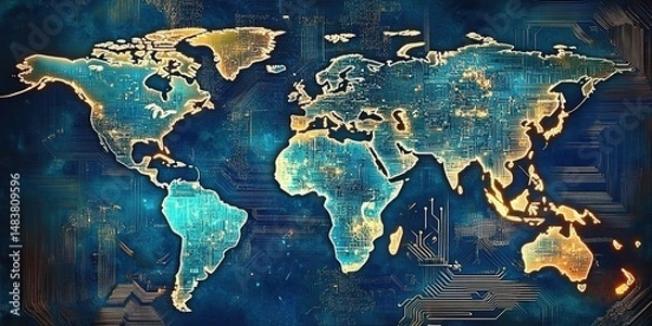 Fototapeta Digital World Map with Circuit Board Design