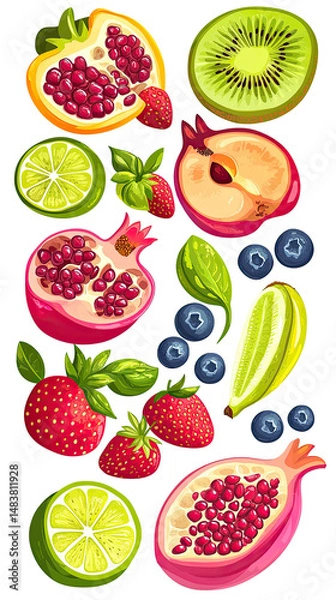 Fototapeta Vibrant fruit and vegetable mix.  A colorful display of fresh fruits and vegetables, sliced and arranged in a vertical composition