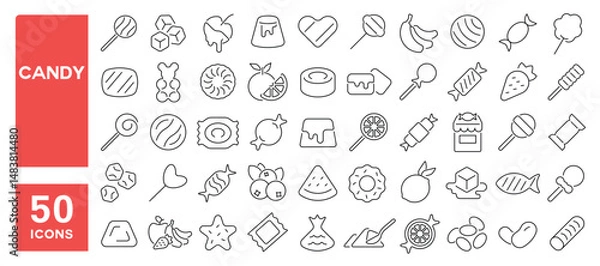 Fototapeta Set of 50 line icons related to candy, lollipop, sweets, sugar, caramel, jelly, lolly, Editable stroke. Vector illustration