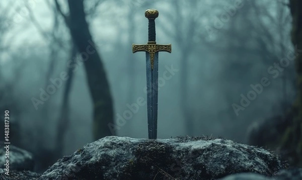 Fototapeta Sword stuck in a rock like in the Excalibur legend , the mythical sword of king Arthur