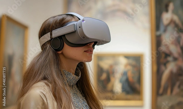 Fototapeta Young woman wearing a virtual reality headset using it to visualize a museum art gallery with paintings, virtual museum tour concept