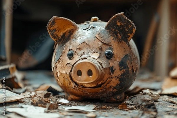 Fototapeta Financial crisis, broken piggy bank depicting bankruptcy, loss of investment and the economic stress. Generative AI