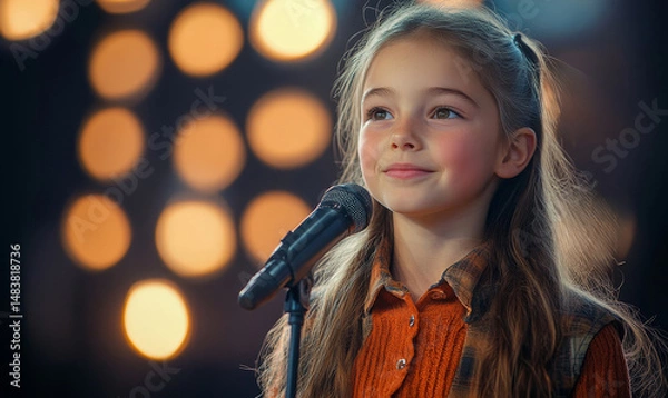 Fototapeta Young kid girl participating in a national spelling bee competition. She stands confidently at the microphone on stage, spelling challenging words with precision in front of the