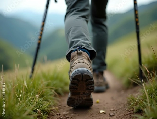 Obraz Nordic walking legs in mountains, hiking or camping exercise outdoors. Hiker leg with boots adventure in landscape