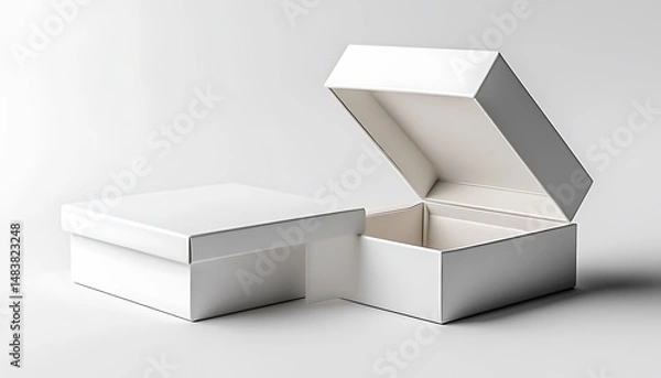 Fototapeta Minimalist White Box Mockup – Open and Closed Packaging Design Display on Clean Background

