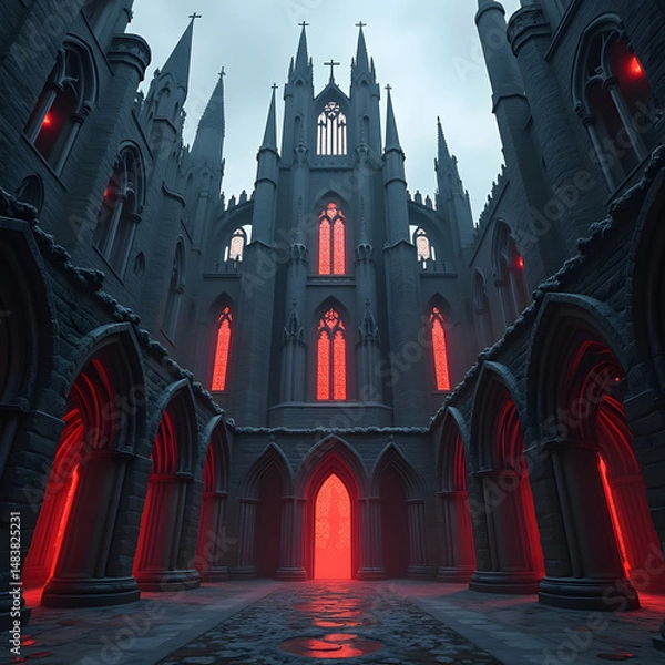 Fototapeta An enchanted forest where the trees are made of glass and their branches glow with bioluminescence, casting vibrant hues of blue and green across a mist-covered path 
