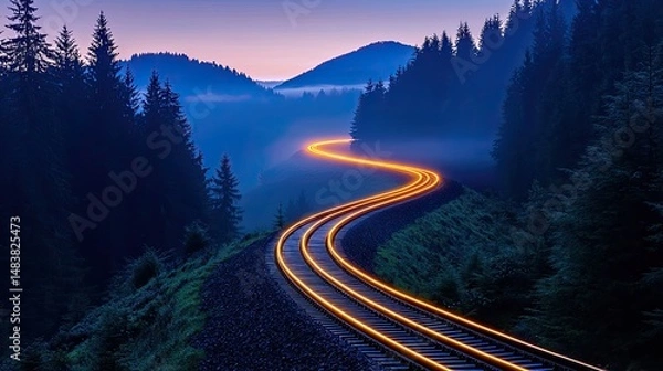 Fototapeta Train Tracks Winding Through Misty Mountain Forest at Night