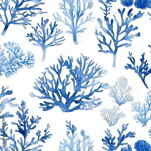 Obraz Oceanic coral pattern.  Intricate watercolor designs of various shades of blue coral, on a white background.  Detailed depictions of branching structures and textures