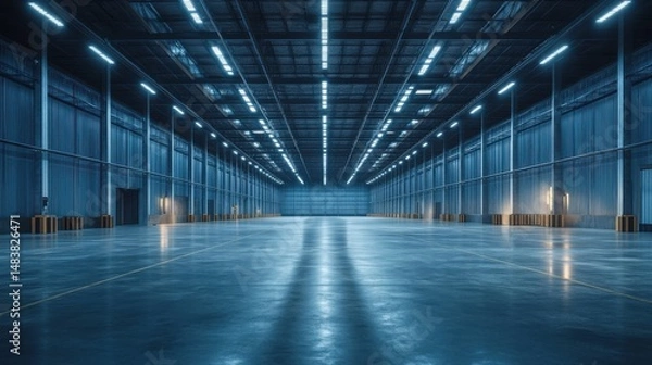 Fototapeta Minimalist futuristic warehouse, wide empty concrete platform, abstract lighting 