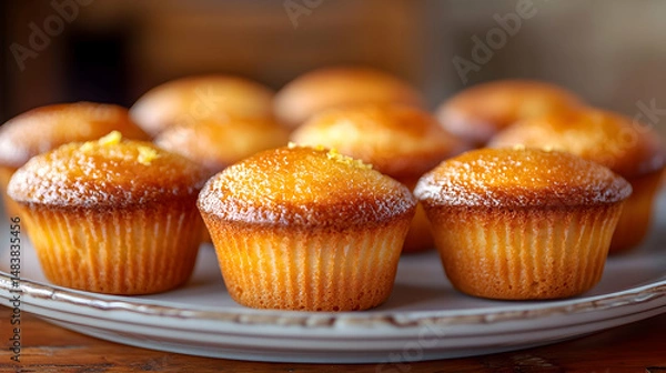 Fototapeta A plate of soft Magdalenas, Spanish Muffins, golden and slightly domed, served with a touch of lemon zest