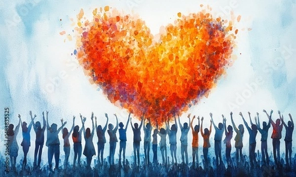 Fototapeta Watercolor illustration of a large group of people raising their hands up towards a big heart. Charitable assistance and volunteer activities. Support