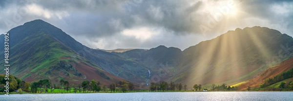 Fototapeta Beautiful morning view of Buttermere lake Pines and Haystacks in the Lake District. England