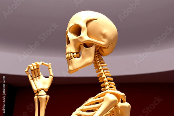 Obraz Skeleton poses in an ok gesture against a dimly lit red background