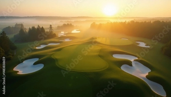Obraz Aerial view of golf course in the morning with golden light, suitable for golf, tourism and the tranquility of nature.