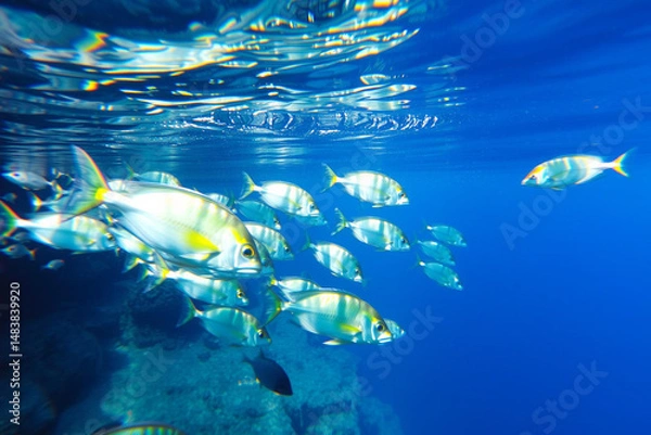 Obraz Vibrant School of Fish Swimming Near Coral Reef in Crystal Clear Ocean Waters