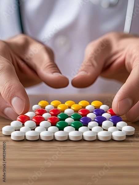 Fototapeta A close-up shows a doctor’s hands carefully arranging colorful pills on a wooden desk, symbolizing organization, healthcare precision, and medication management