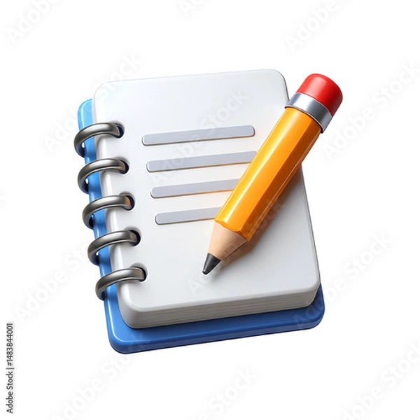 Fototapeta Notebook with Pencil 3D Icon – Glossy Minimal Emoji Style, Isolated PNG object