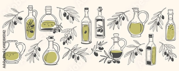Fototapeta Big set of olive oil bottles and olive branches. Collection of illustrations of olive oil, leaves, branches, natural products. Hand drawn sketch illustration.