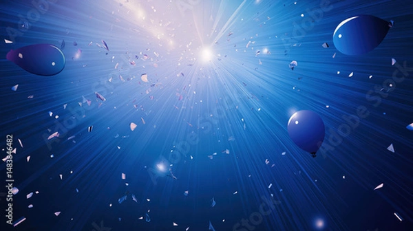 Obraz Celebration in the Cosmos:  A dazzling array of blue balloons, glittering confetti, and shimmering lights ascend against a mesmerizing blue sky.