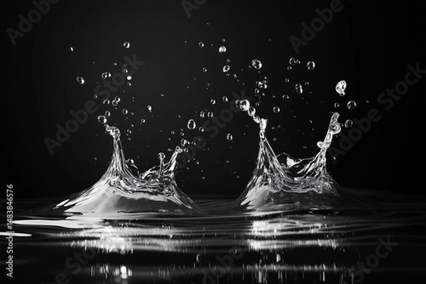 Obraz Ephemeral Water Dance: A monochrome masterpiece capturing the dynamic ballet of water drops, showcasing a moment of fluid artistry and the captivating forms of nature.
