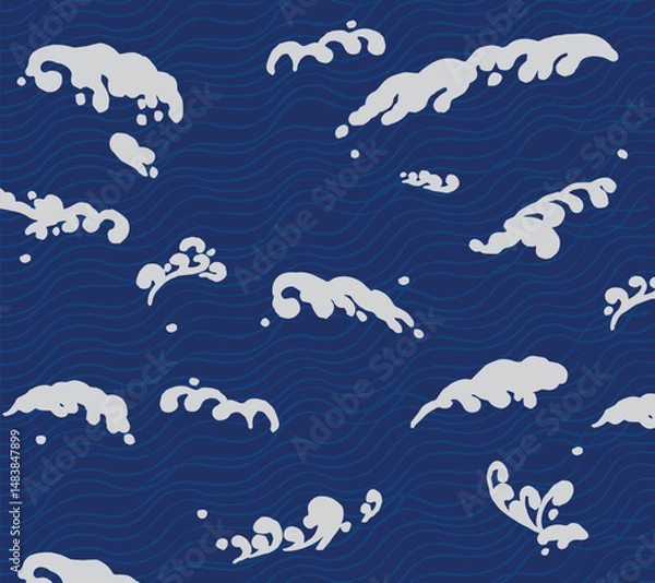 Fototapeta Hand drawn ink brush lines abstract minimal monochromatic waves and water pattern in indigo blue and white, Japanese and ethnic wood carving, block print texture background, simple and humble graphic