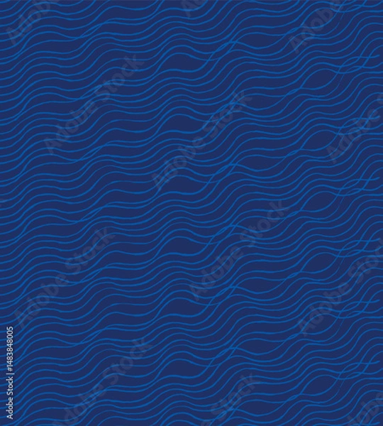 Fototapeta Hand drawn brush lines minimal waves and water pattern in indigo blue, Japanese and ethnic wood carving, block print texture background, simple graphic for textile, carpet, packaging
