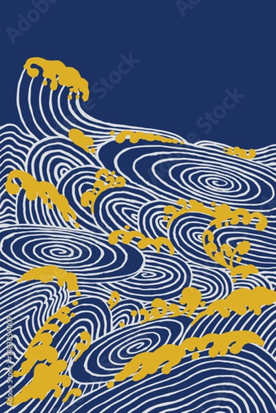 Fototapeta Hand drawn brush lines abstract ocean swirl waves and water pattern, Japanese and ethnic wood carving texture background, traditional style graphic for textile, carpet, decoration