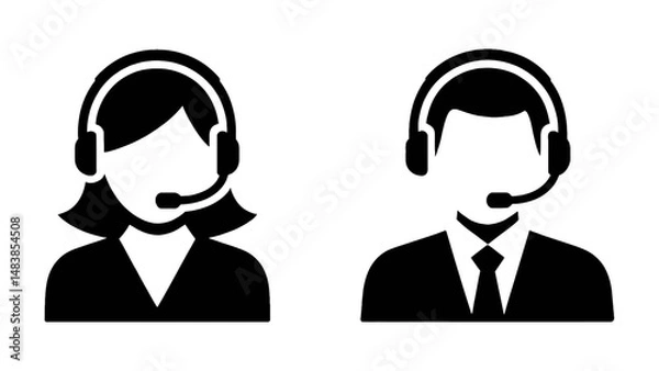 Obraz Customer service representative black silhouette icons wearing headsets for call center and support themes