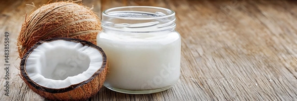 Obraz Coconut oil in a glass jar surrounded by fresh coconut shells and husks, showcasing natural beauty products and organic skincare, emphasizing health and wellness benefits