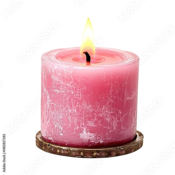 Fototapeta lit pink candle with soft flame on clean white surface
