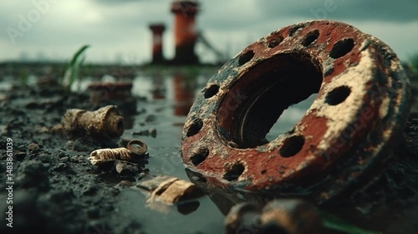 Obraz Rusty metal disc in puddle