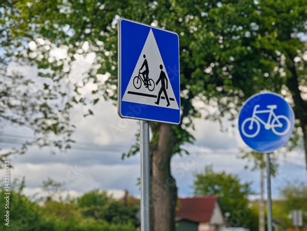 Obraz Znak drogowy informacyjny, przejście dla pieszych i przejazd dla rowerzystów.