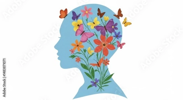 Fototapeta Silhouette head filled with flowers and butterflies representing growth and transformation, colorful illustration