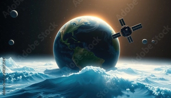 Obraz Earth from Space with Satellite and Icy Waves