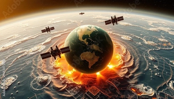 Obraz Earth from space, satellites, future city, digital network