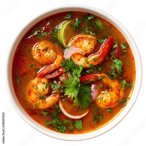 Fototapeta Bowl of Sopa de Camaron - spicy Mexican soup with shrimp, tomato broth and fresh herbs, top view, white background. flavorful and spicy mexican-style soup featuring succulent shrimp,