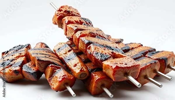 Obraz Brazilian Espetinhos Skewers 3D Render Isolated on White Background Showcasing Grilled Meat and Rich Textures